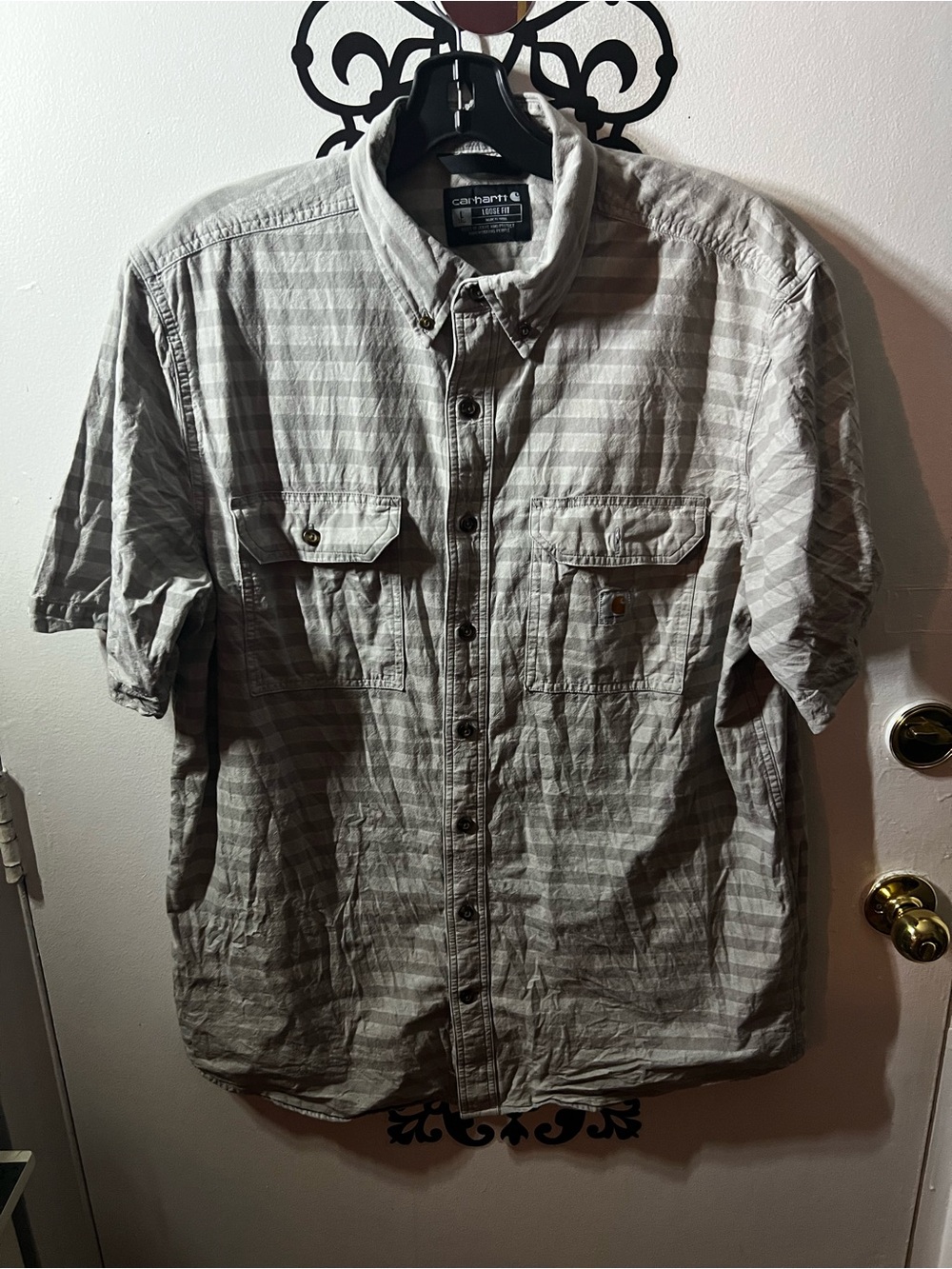 Carhartt Men's Short-Sleeve Button-Up Shirt in Light Gray Stripe